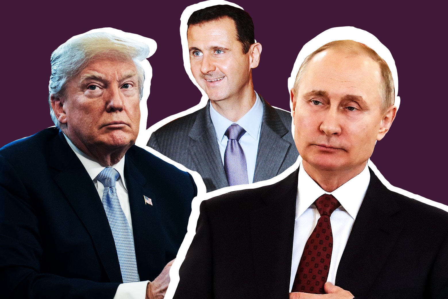 US President Donald Trump, Syrian President Bashar al-Assad, and Russian President Vladimir Putin