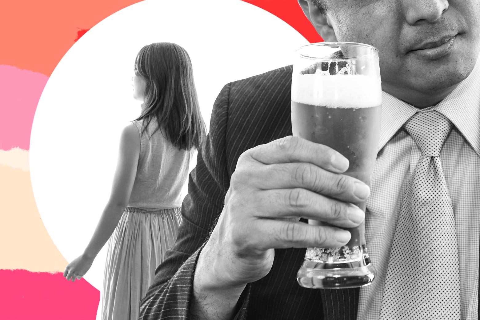 A man in a suit sneaking a beer literally behind his pregnant wife's back