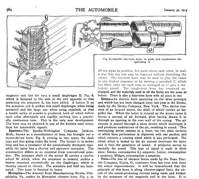 A diagram featuring the organ-like Gabriel horn and the mechanism for operating it, from the Automobile magazine in 1913.