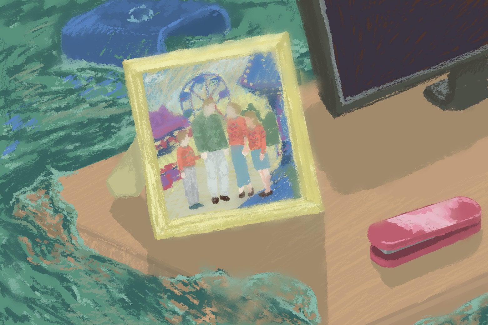 A dreamy illustration of the family amusement park photo referred to in the article as water rises around the table it is displayed on.