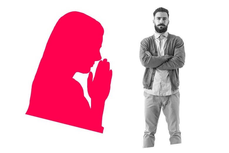 A silhouette of a woman prays next to a man.