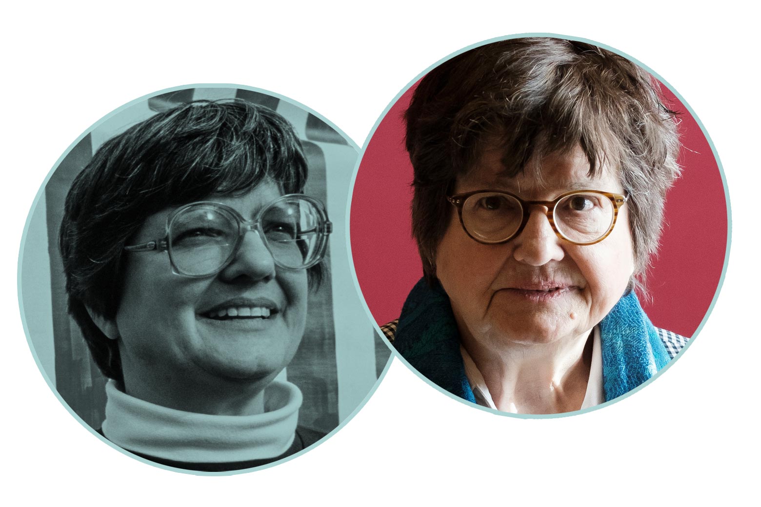 A black-and-white headshot of Prejean in her 40s and a color headshot of Prejean around age 79.