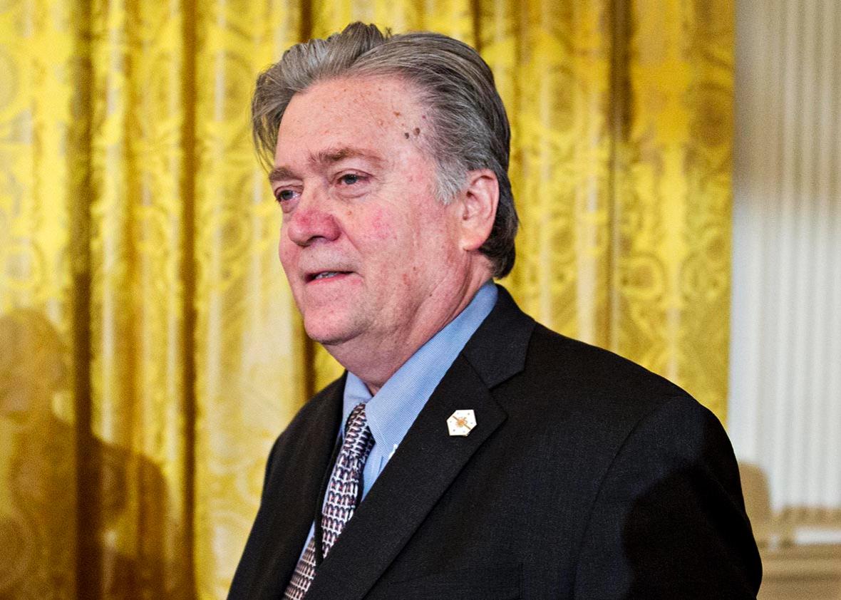 Stephen "Steve" Bannon, chief strategist for U.S. President Donald Trump, arrives to a swearing in ceremony of White House senior staff in the East Room of the White House on January 22, 2017 in Washington, DC. 
