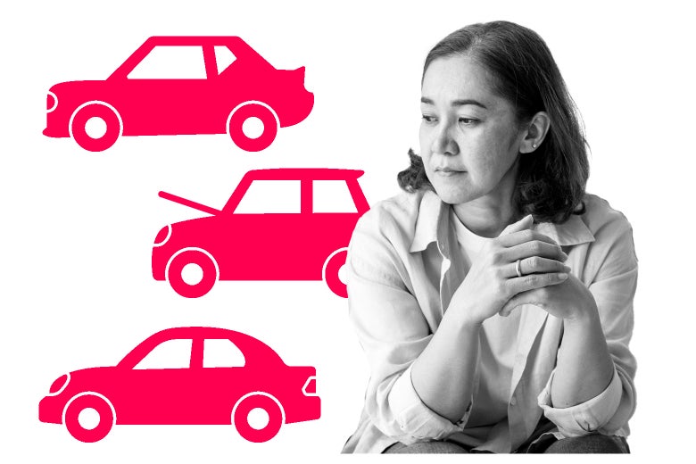 Illustrations of cars, and a woman looking pensive.