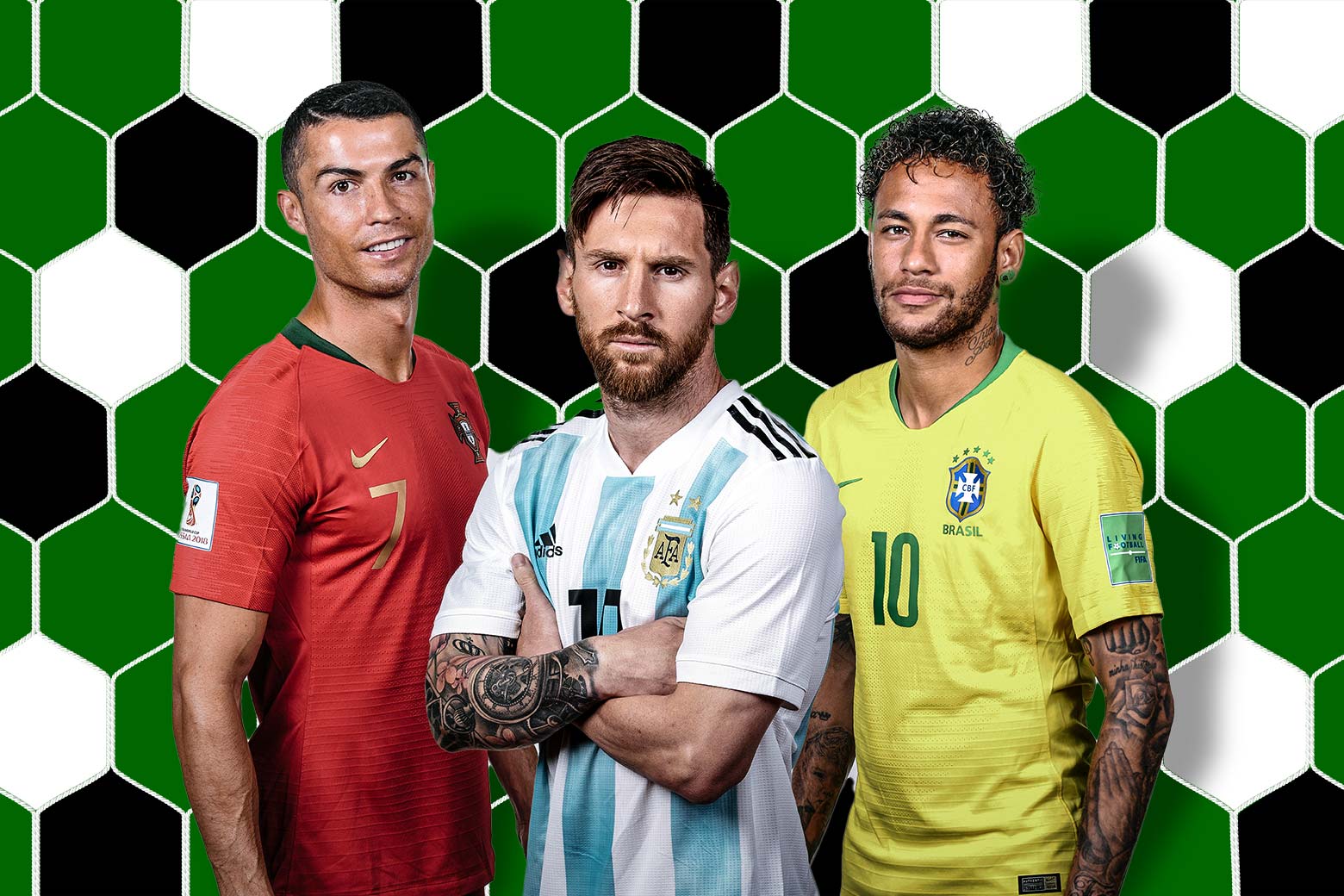 Cristiano Ronaldo, Lionel Messi, and Neymar posing together, Ronaldo and Neymar smile with Messi in the middle, arms folded and frowning, the octagonal grid of a soccer net illustrated in a scrim behind them