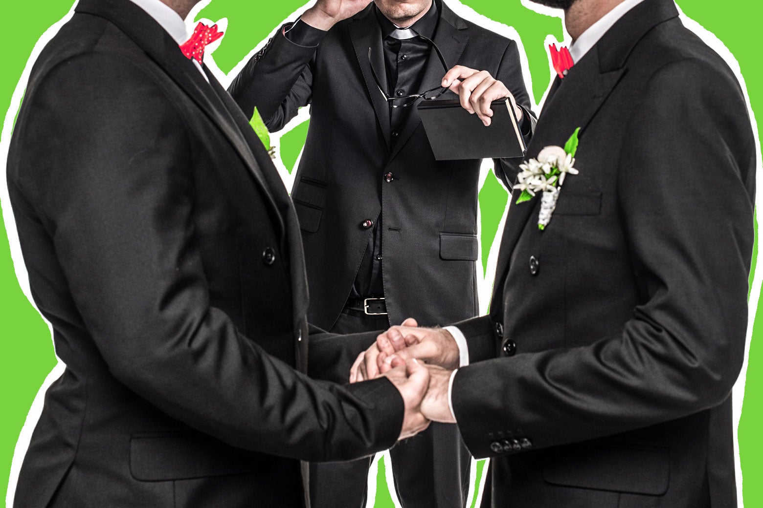 Two men stand to wed while a man officiates the ceremony. Photo illustration by Slate. Photo by Thinkstock.