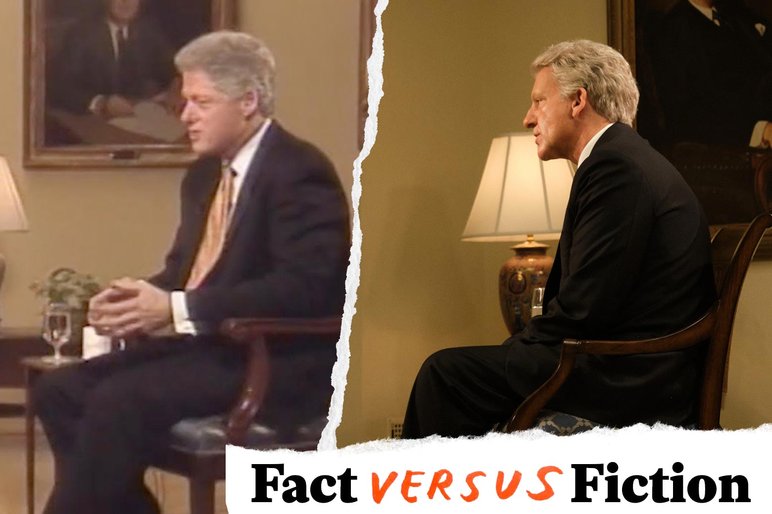 Bill Clinton, and Clive Owen as Bill Clinton in Impeachment: American Crime Story, with the Fact Versus Fiction logo