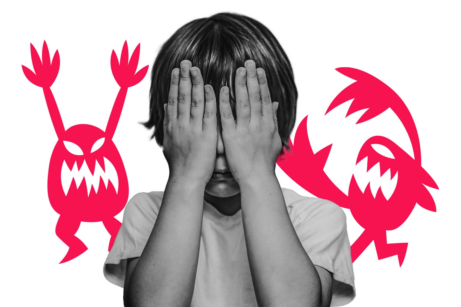 A little kid covers their eyes while illustrated monsters harass them.