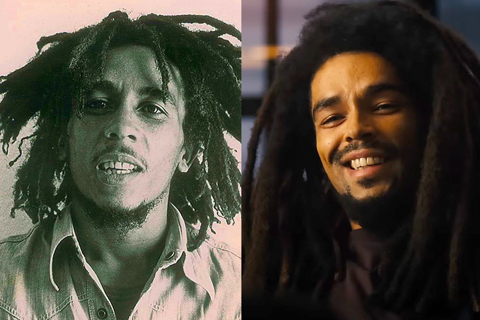 Bob Marley from 1976, next to a photo of Bob Marley being portrayed by Kingsley Ben-Adir in the One Love film.