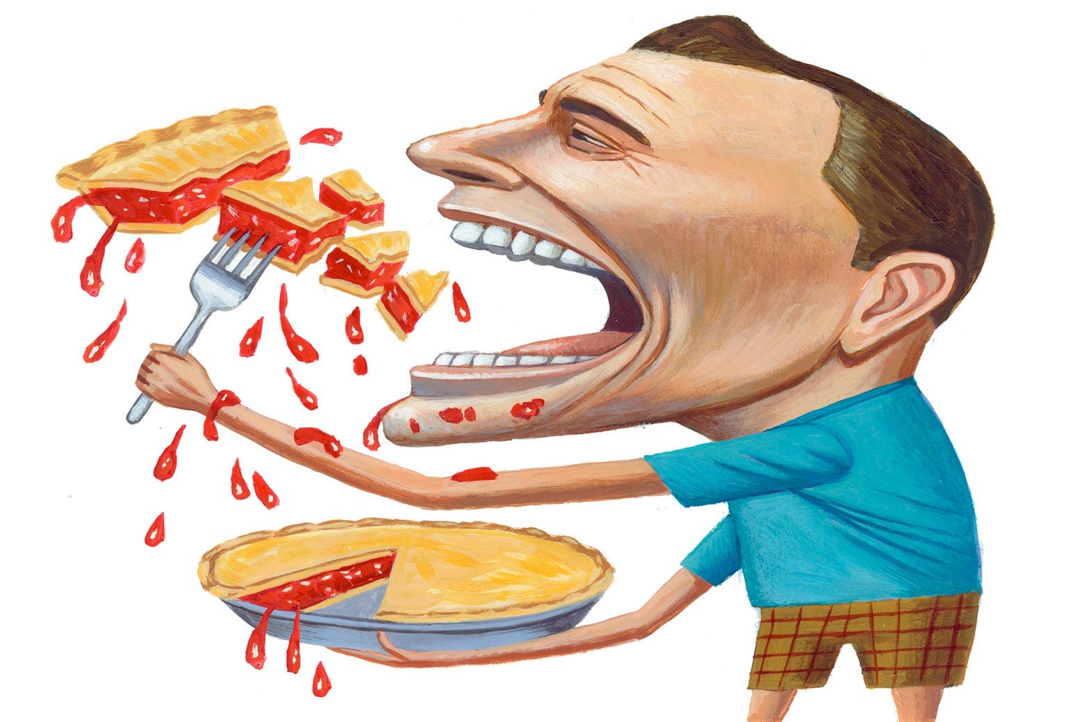 Illustration of a man sloppily eating a cherry pie.