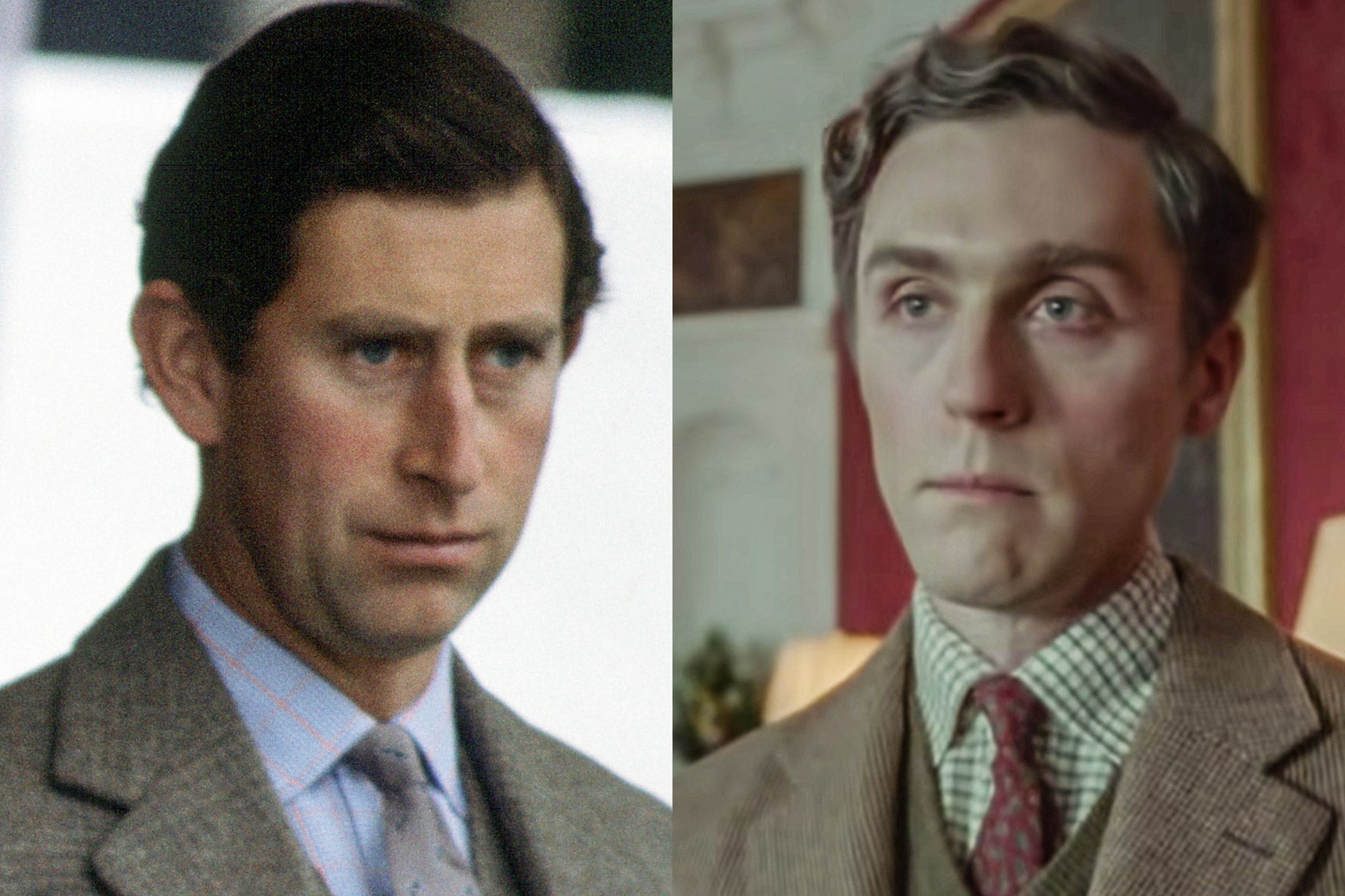 Prince Charles, and Jack Farthing as Charles in the film, both wearing brown tweed suits.