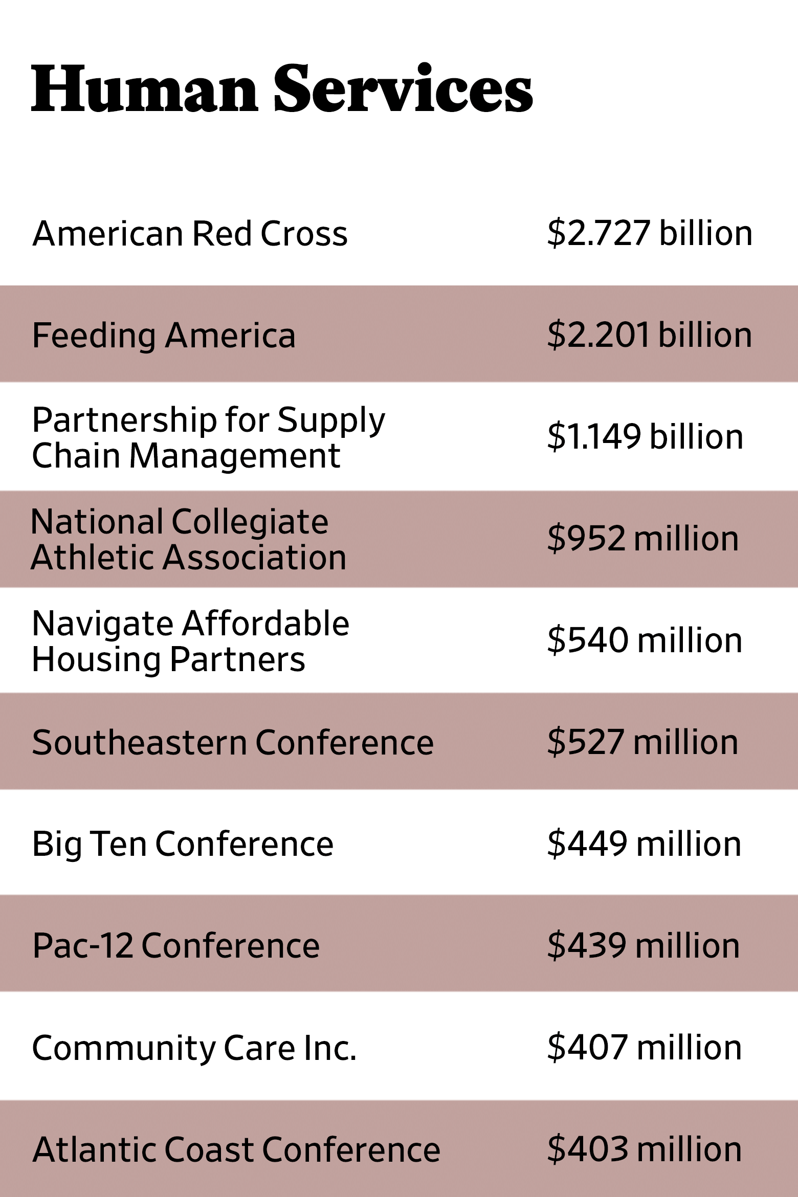 Table: The Slate 90 rankings for the ten most profitable organizations that filed Form 990 with the IRS in fiscal 2015 in human services.