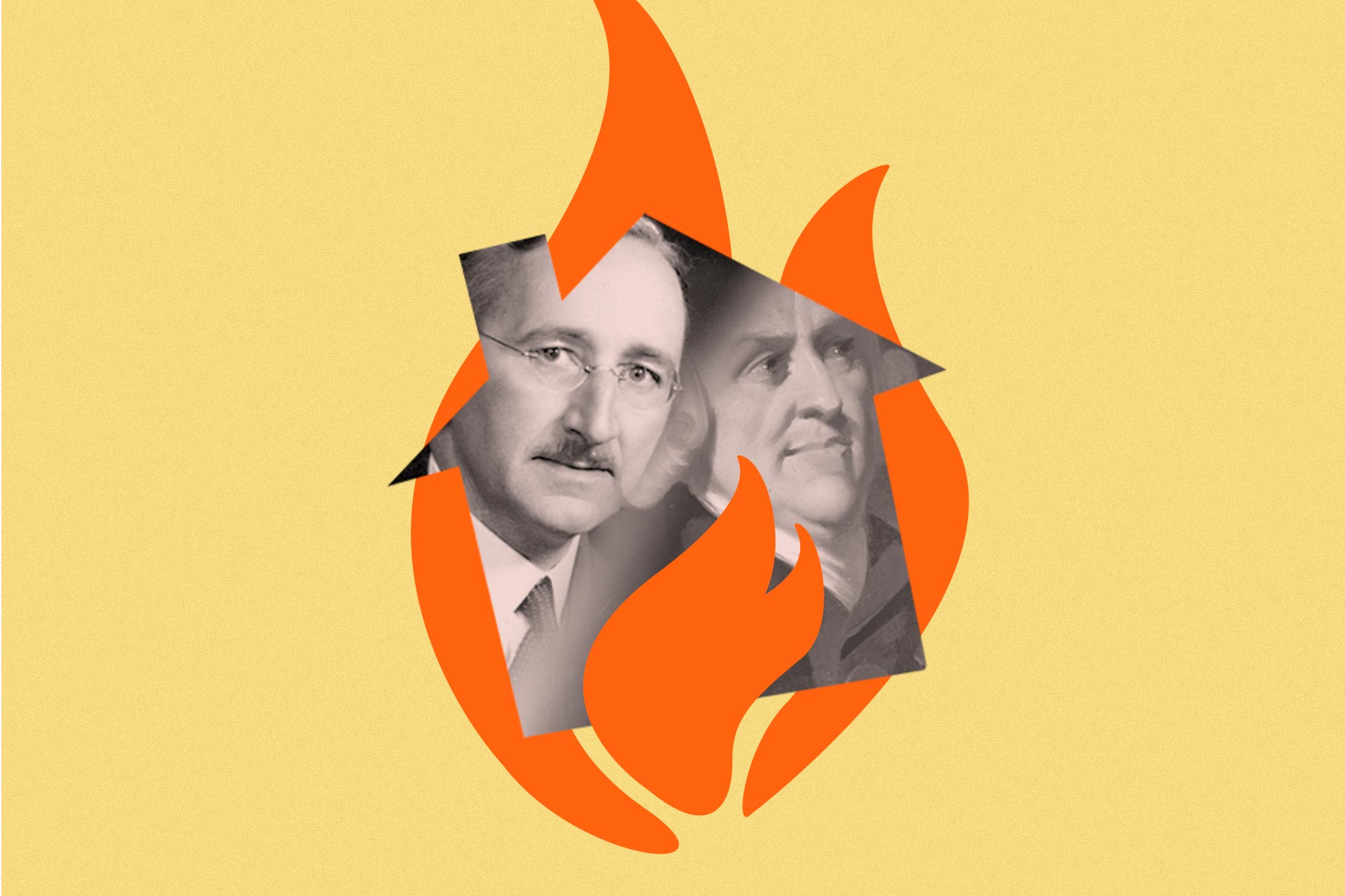 Adam Smith and Friedrich Hayek's faces framed with a house in flames. 