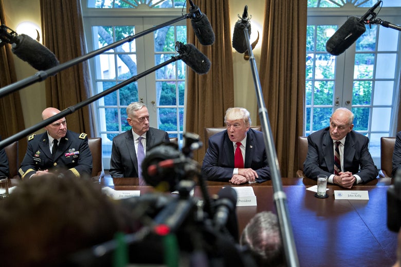 WASHINGTON, DC - OCTOBER 5: U.S. President Donald Trump (C), national security advisor H.R. McMaster (L), White House chief of staff John Kelly (2nd L) and Defense Secretary Jim Mattis (R) attend a briefing with senior military leaders in the Cabinet Room of the White House October 5, 2017 in Washington, D.C. Mattis said this week that the U.S. and allies are 'holding the line' against the Taliban in Afghanistan as forecasts of a significant offensive by the militants remain unfulfilled. (Photo by Andrew Harrer-Pool/Getty Images)