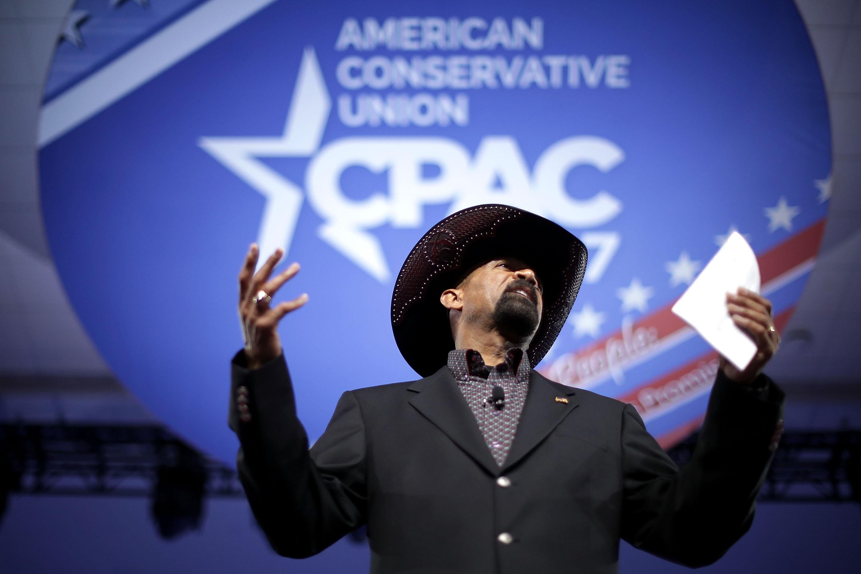 Former Milwaukee County Sheriff David Clarke speaks at the Conservative Political Action Conference at the Gaylord National Resort and Convention Center on Feb. 23 in National Harbor, Maryland.