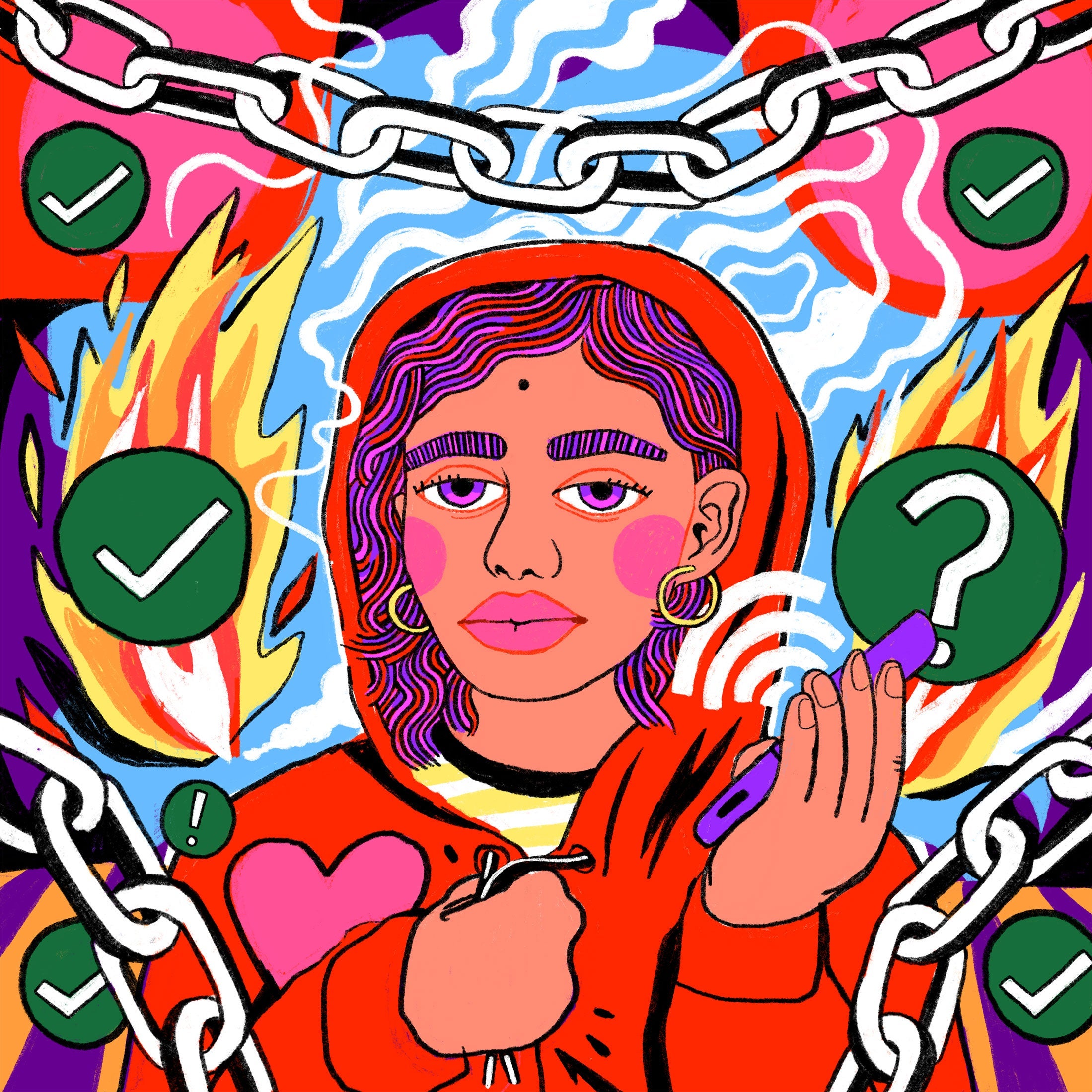 Illustration of a woman holding a digital device, surrounded by chains, and making opinions.