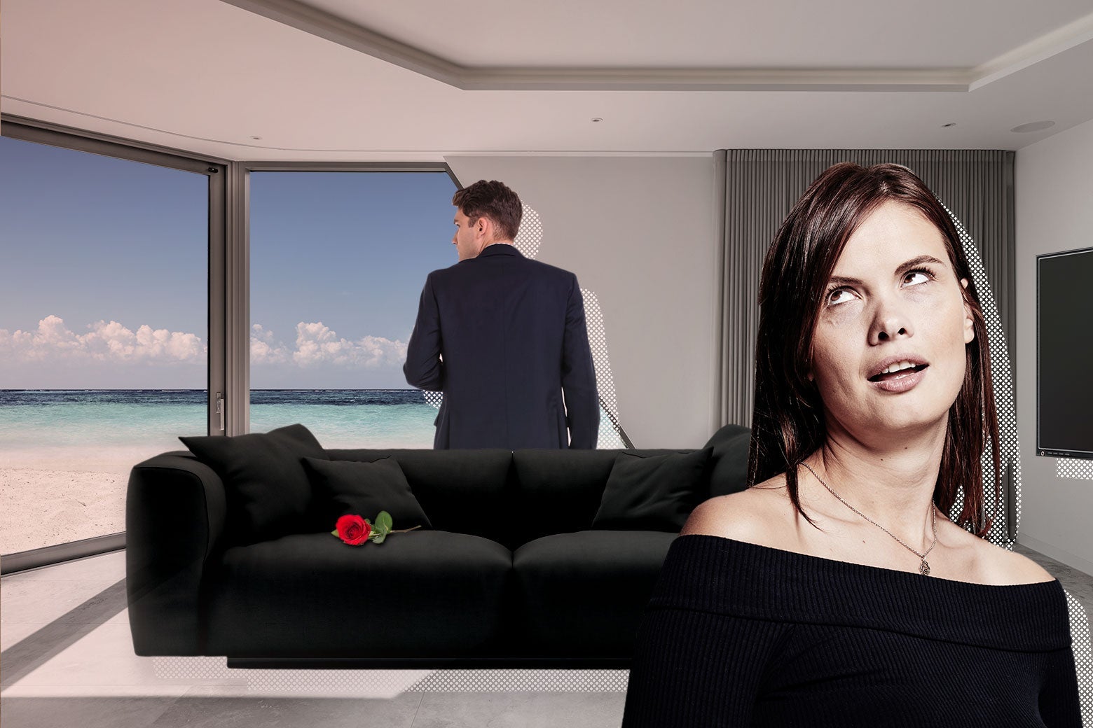 A collage image depicts a condo with ocean views, a black couch, and a big TV. A man in a suit is in the background and a woman in the foreground rolls her eyes.