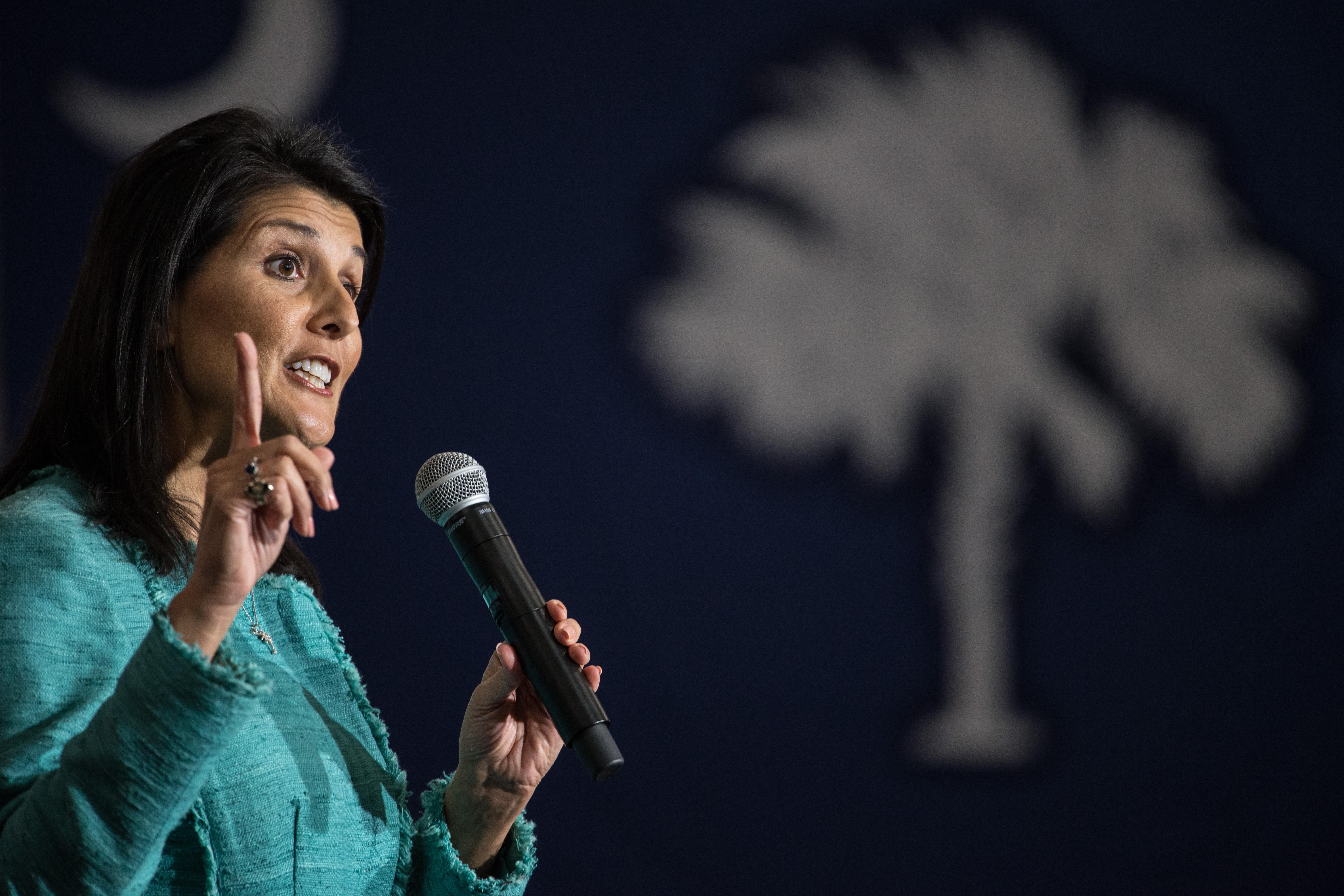 Nikki Haley addresses the crowd during a campaign rally for Republican presidential candidate Marco Rubio at Clemson University Friday, February 19, 2016 in Clemson, South Carolina.