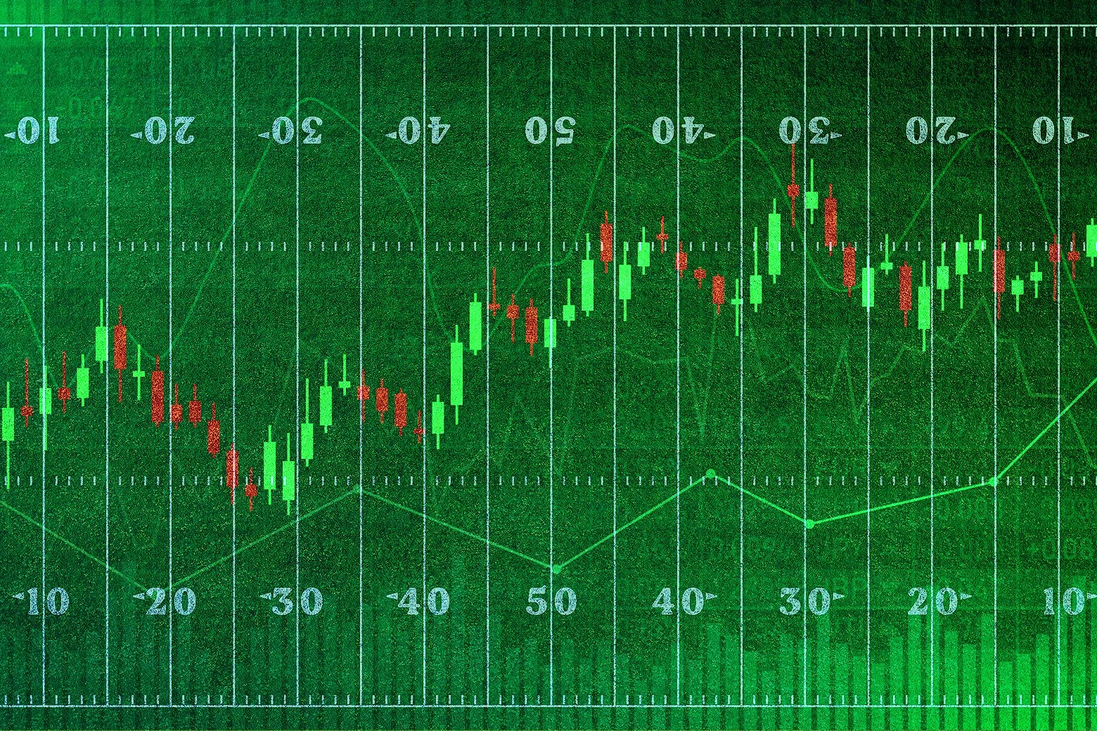Un campo de fútbol con un gráfico de acciones superpuesto en la parte superior.