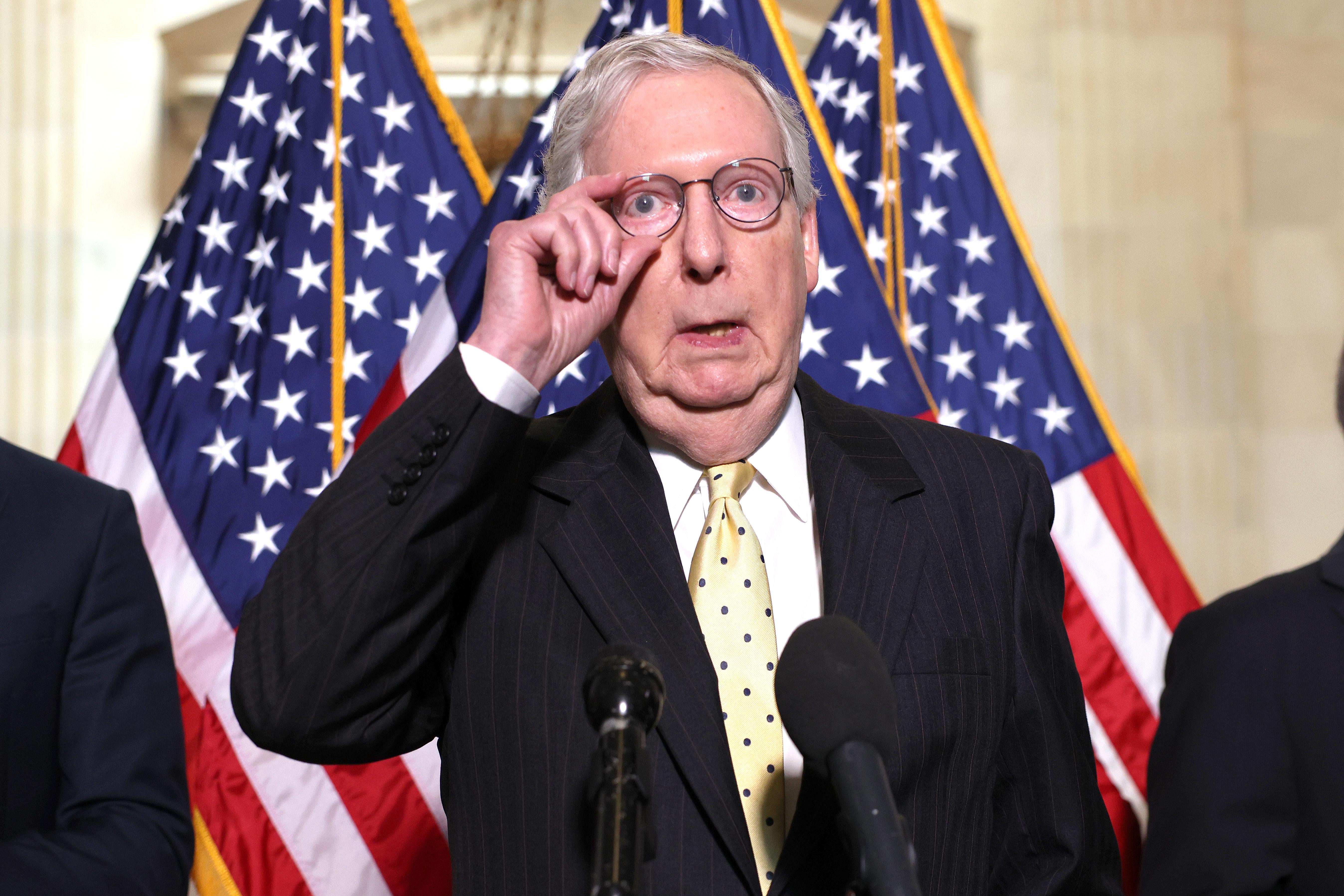 Senate Minority Leader Mitch McConnell speaks following a Senate Republican policy luncheon on May 18, 2021 in Washington, D.C. 