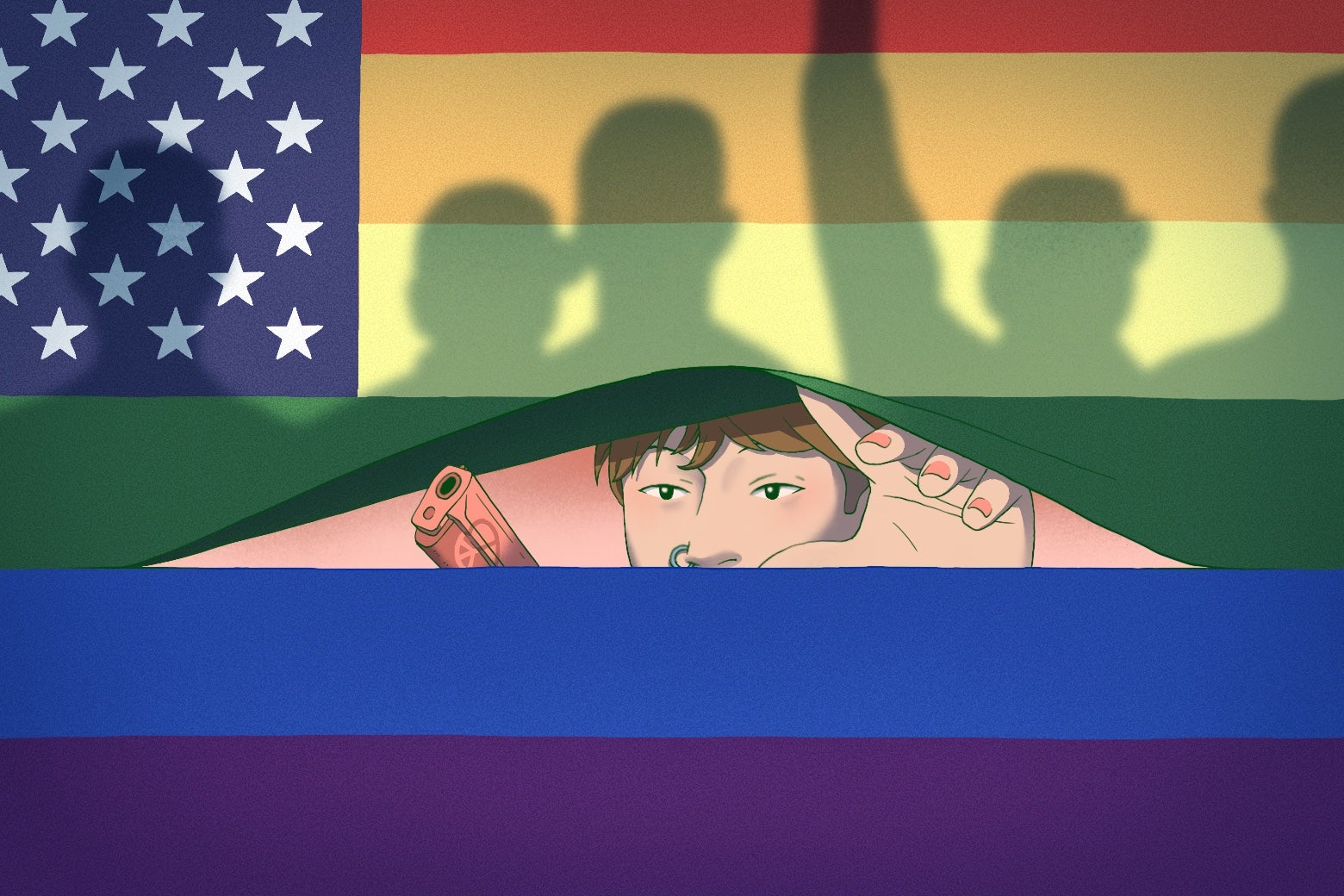 A woman peering out her window, through blinds that look like the Pride flag, at an angry mob.