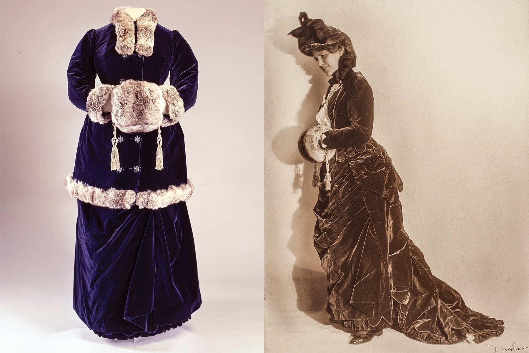 A side-by-side photo of a Victorian gown on the left, and a woman wearing the gown, with alterations, on the right. 