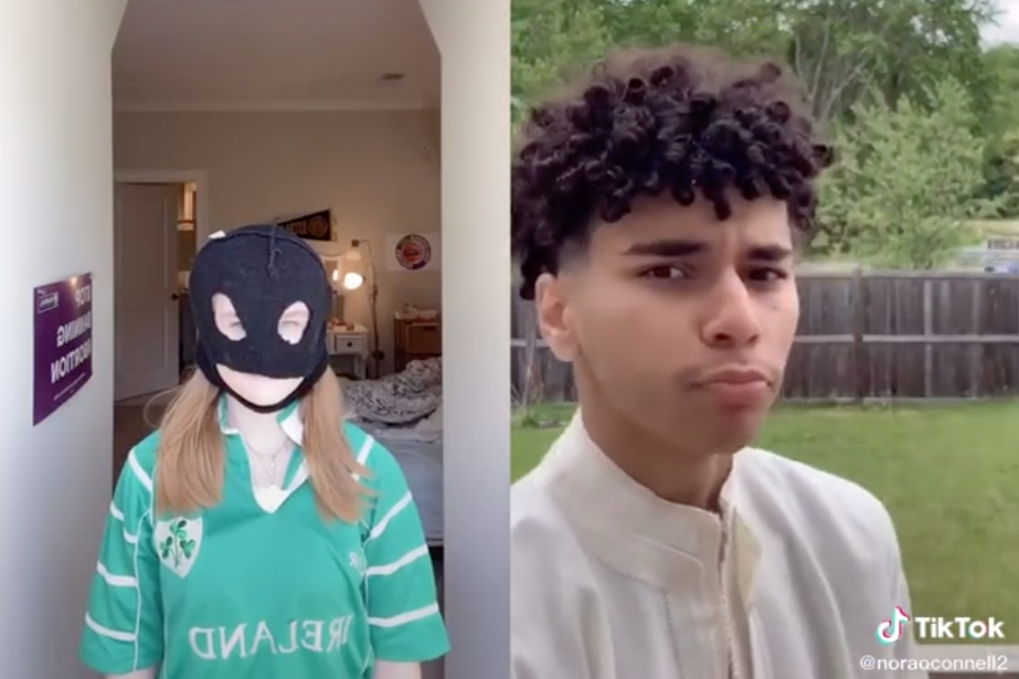 Side-by-side images of a young woman wearing an Ireland football jersey and a black balaclava covering her face, and a young man with a pouty facial expression.