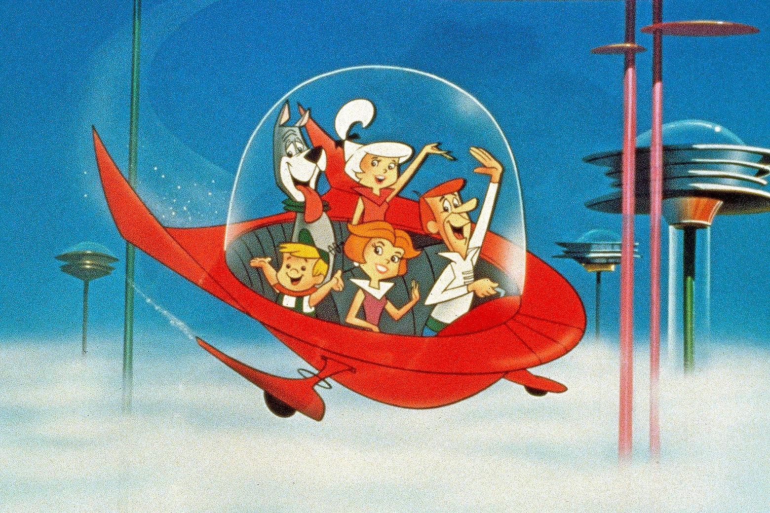 The Jetsons flying in a ship