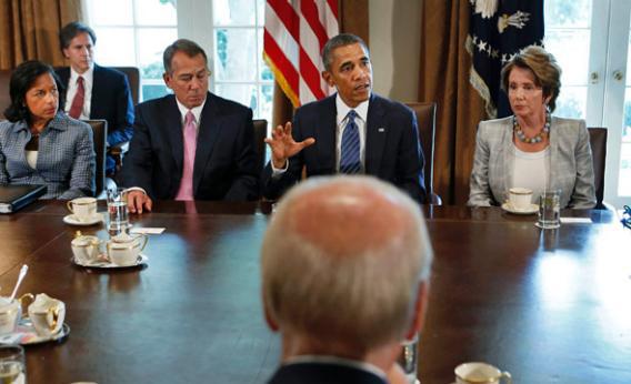 U.S. President Obama (rear C) meets with bipartisan Congressional leaders in the Cabinet Room at the White House in Washington to discuss a military response to Syria, September 3, 2013.