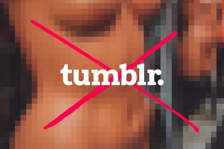 Photo illustration of a censored nude image with Tumblr's logo superimposed. There is an X through the logo.