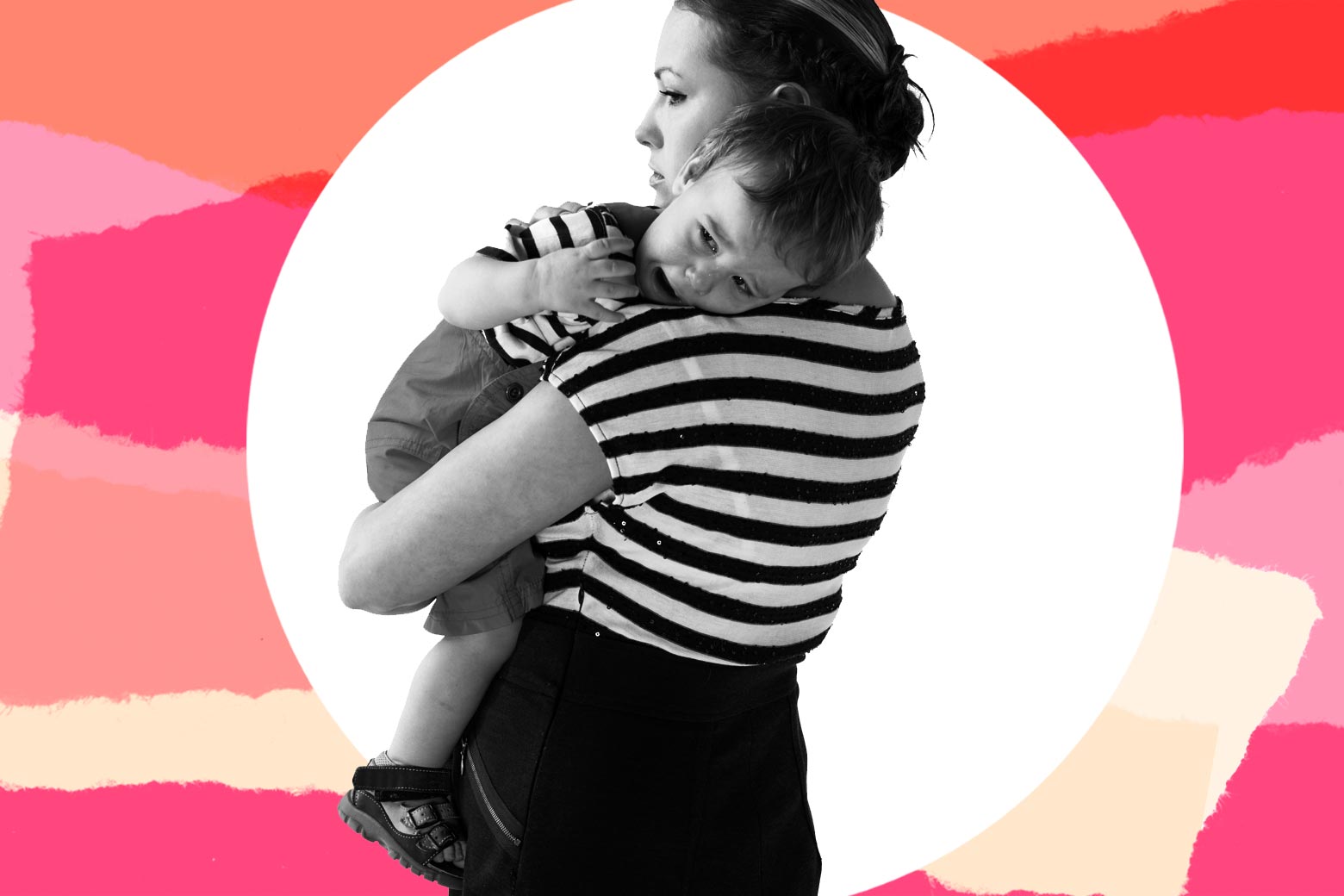 Photo illustration of a woman carrying a visibly upset baby.