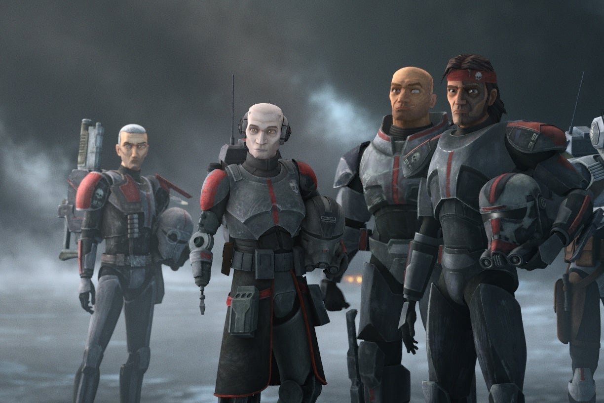 In an animated style, from left to right: a slender, white haired clone; a pale clone with a prosthetic arm; a large, muscular clone; a long-haired man with a tattooed face; and a figure wearing a helmet.