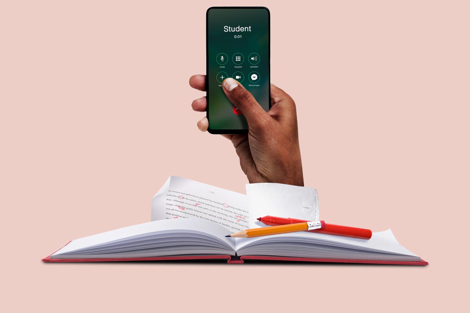 A hand reaches out of a book holding a cellphone on a call with "Student."