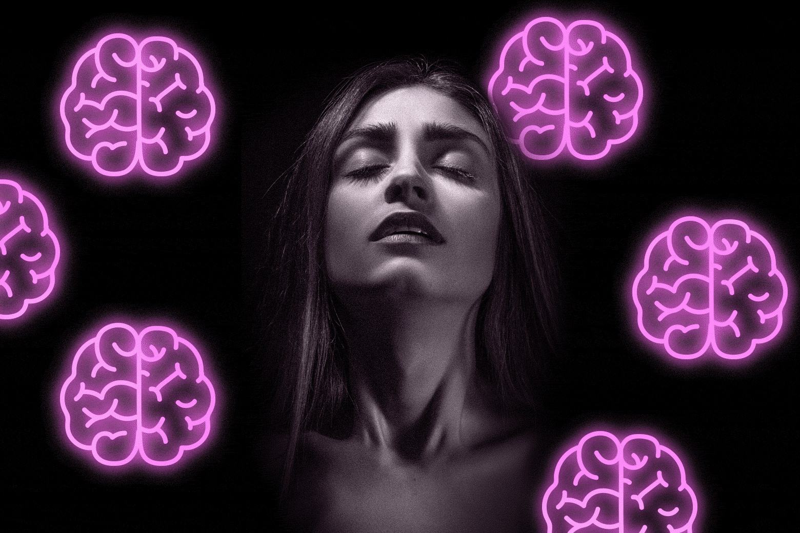 Collage of a woman surrounded by neon brains.
