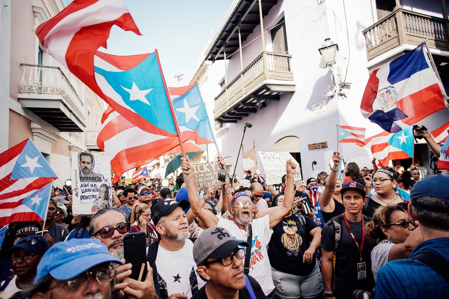 Demonstrators protest in front of the mansion of Puerto Rico's governor.