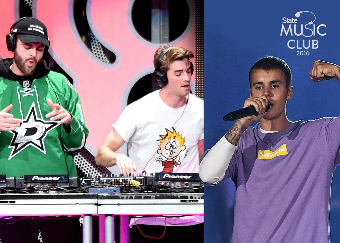 Recording artists Alex Pall (L) and Andrew Taggart of music group The Chainsmokers in 2016 and Justin Bieber performs in 2016.