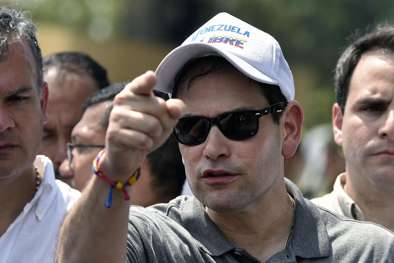 Sen. Marco Rubio wears a cap reading "Free Venezuela" as he walks at the Simon Bolivar international bridge in Cucuta, Colombia, border with San Antonio de Tachira, Venezuela on February 17, 2019.
