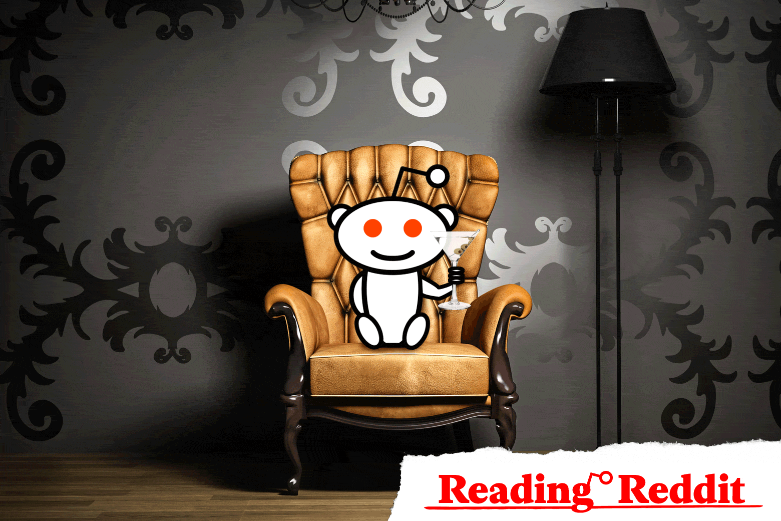 The Reddit snoo sitting in a high-backed chair while holding a martini glass.