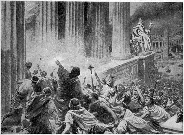 The Burning of the Library at Alexandria in 391 AD, illustration from 'Hutchinsons History of the Nations', 1910 lithography.