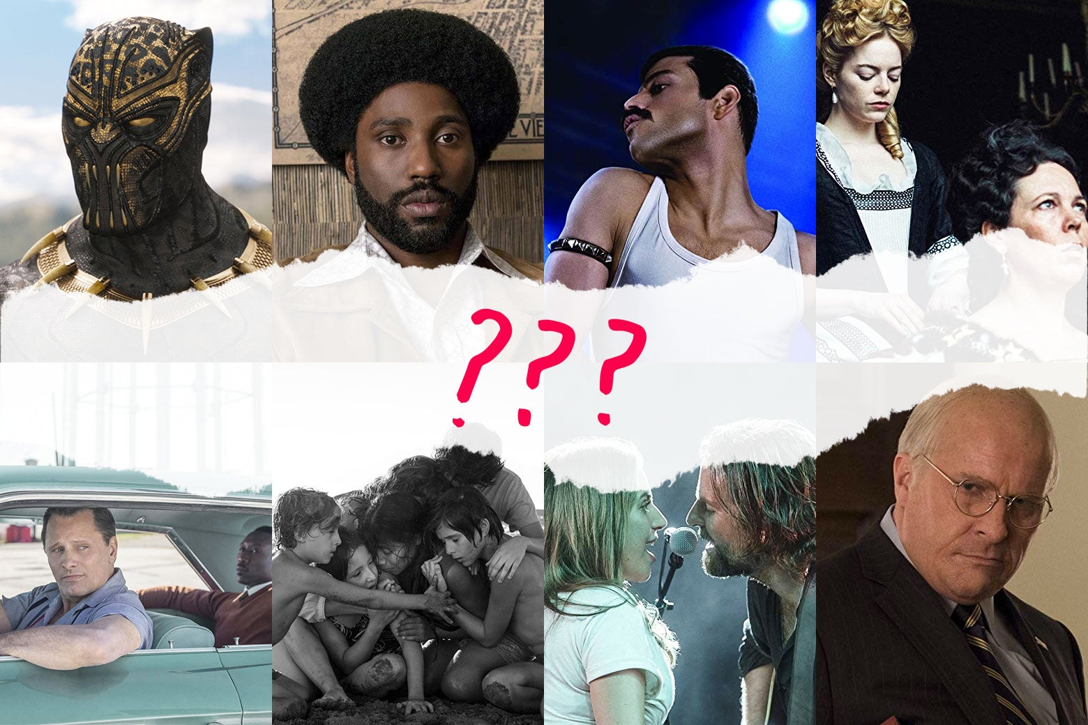 A collage of stills from the Best Picture nominees with ??? over them.