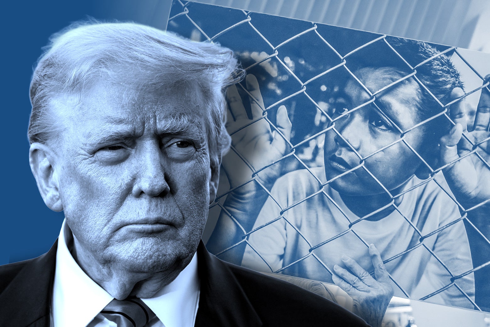 Donald Trump sieht ernst aus, während rechts von ihm hinter einem Zaun ein Kind hervorschaut.