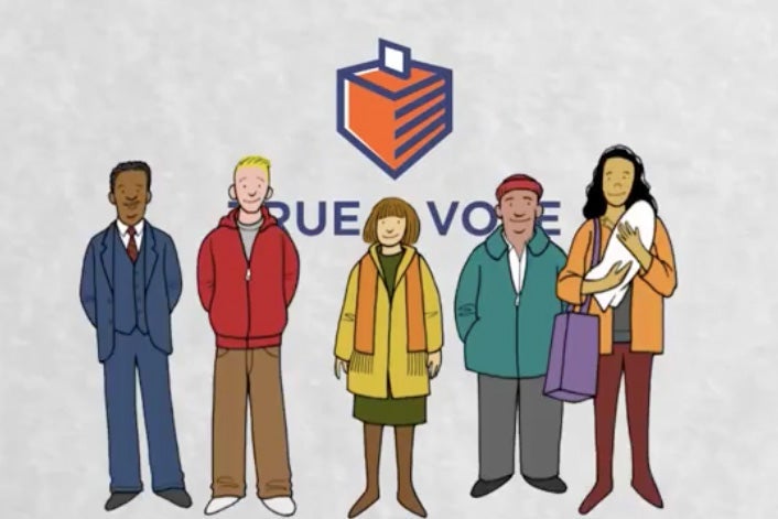 Five animated people are seen in front of the True the Vote logo and a drawing of a ballot box.