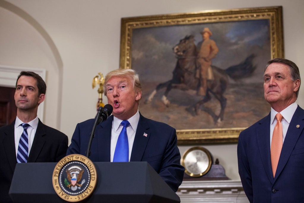 Arkansas Sen. Tom Cotton, Donald Trump, and Georgia Sen. David Perdue at the White House on Aug. 2, 2017.