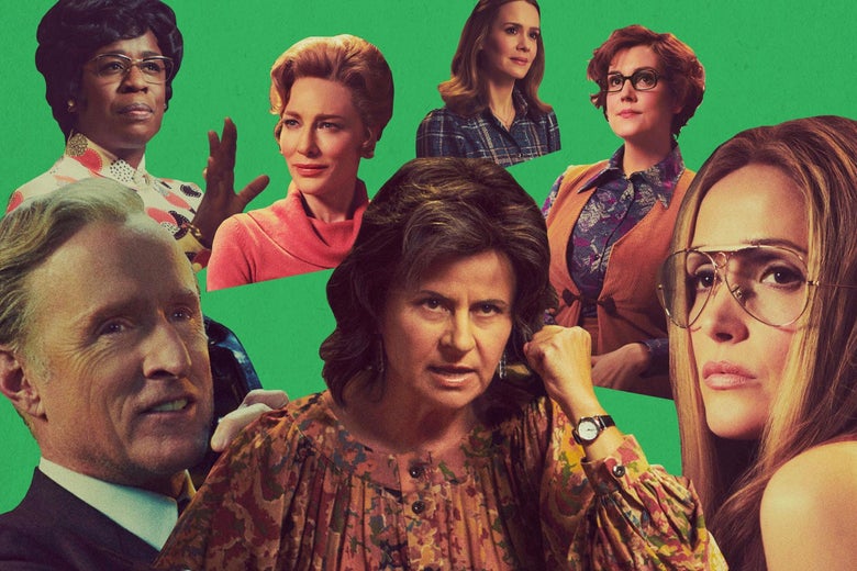 A collage of characters from the TV show Mrs. America from the neck up, most prominently featuring Rose Byrne as Gloria Steinem.