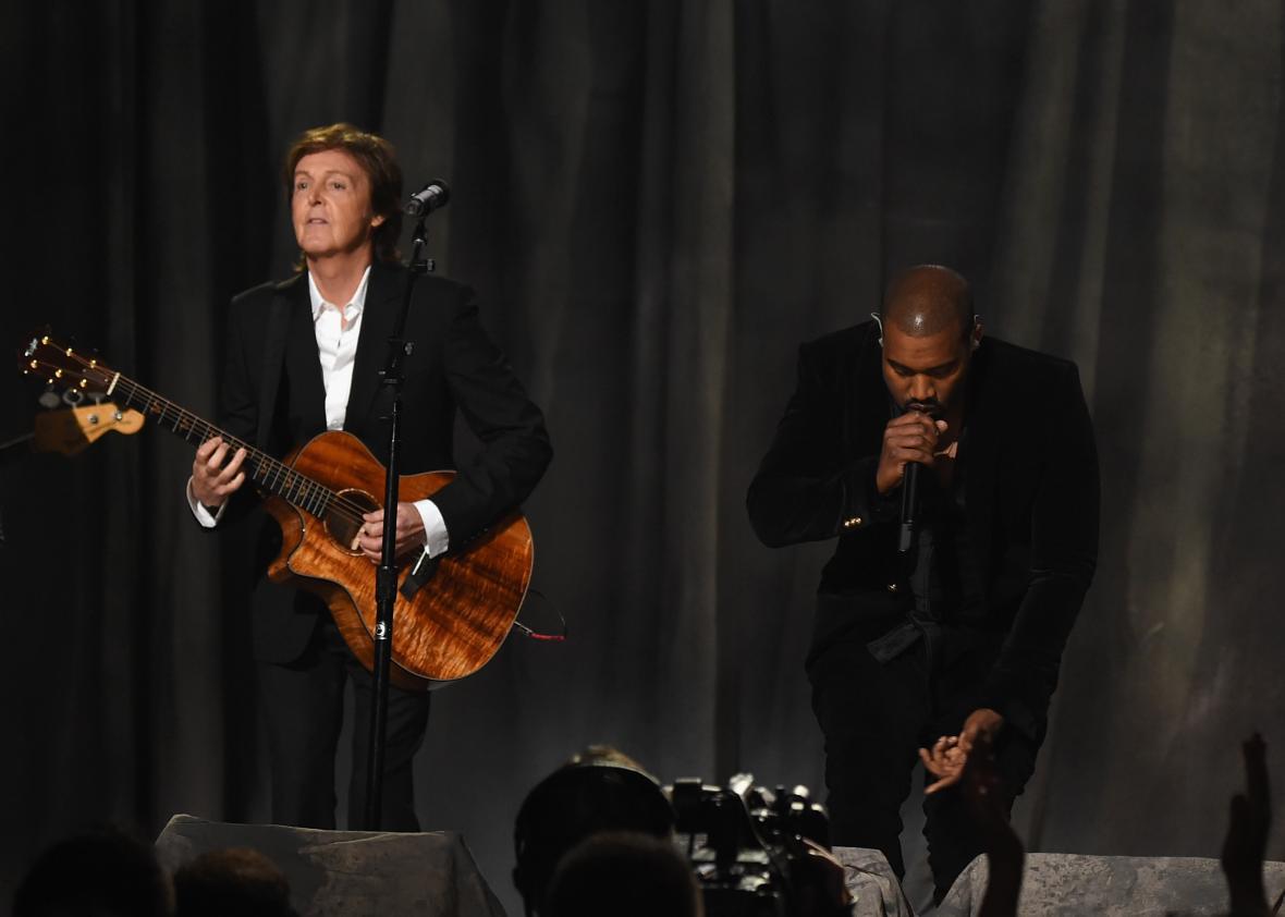 Paul McCartney and Kanye West performing together at the 2015 Grammys.