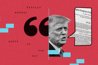 Trump speaking, text of a bill in a speech bubble coming from his mouth