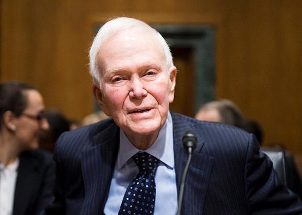 Former Sen. Bob Packwood takes his seat for the Senate Finance Committee hearing on Capitol Hill on Feb. 10, 2015