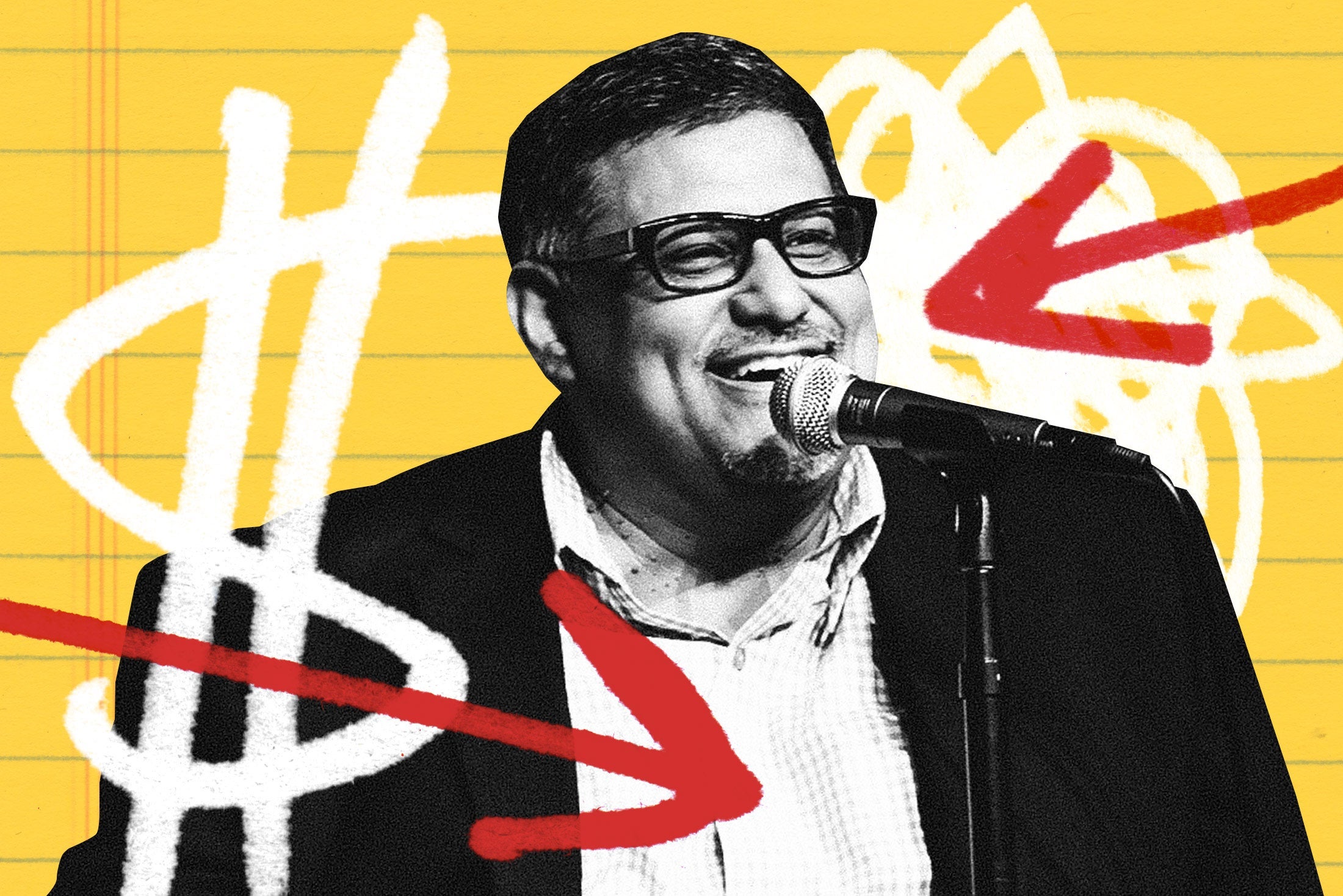 Joe Loya, smiling at a microphone, overlaid onto a yellow paper background flanked by arrows and dollar signs.