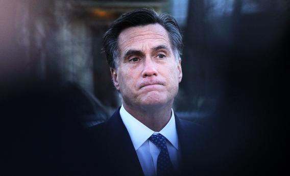 Republican presidential candidate, former Massachusetts Gov. Mitt Romney looks on during a press availability after voting at the Beech Street Senior Center on March 6, 2012 in Belmont, Massachusetts. 