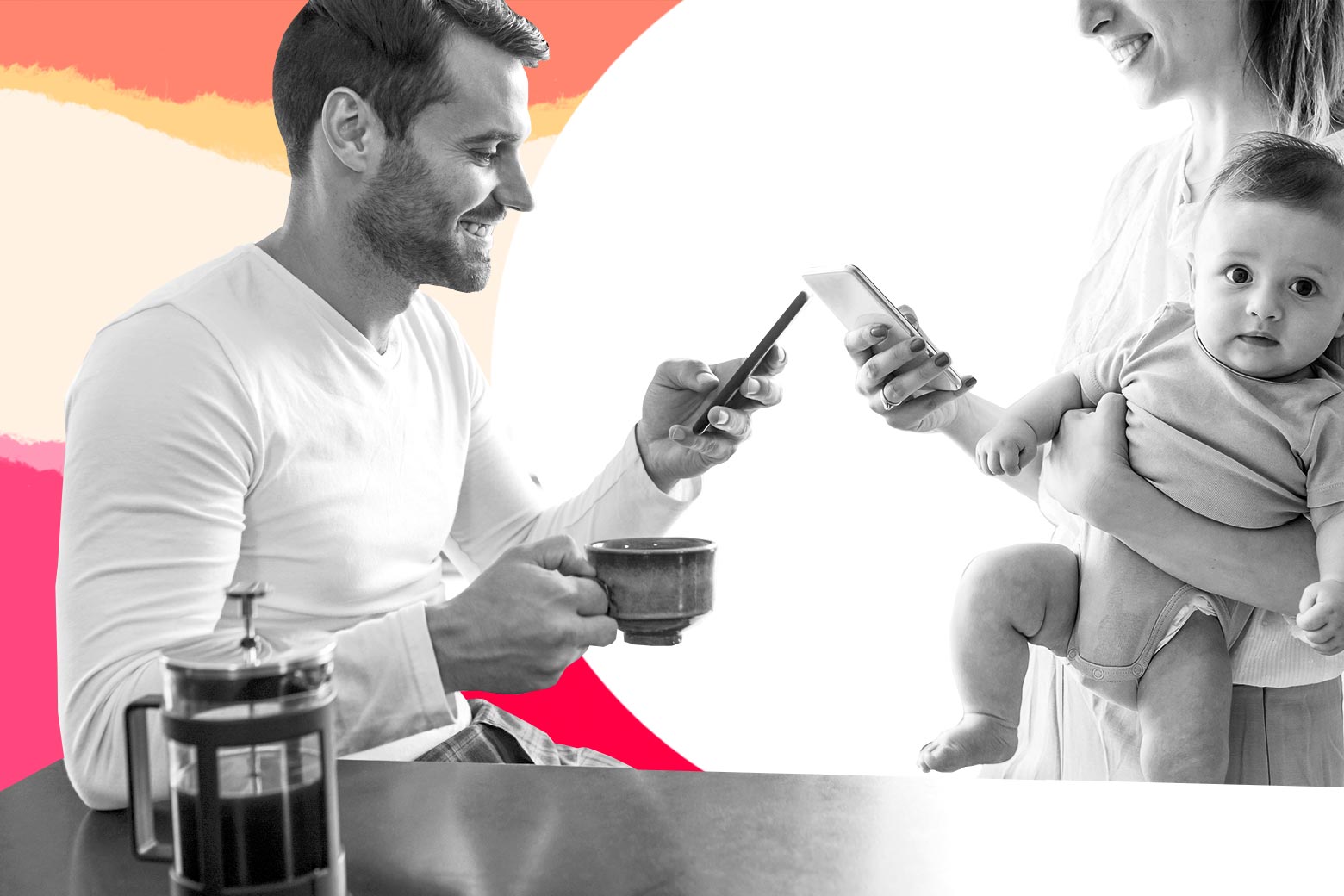 A father and mother looking at their smartphones over coffee, while the mother is holding a toddler.